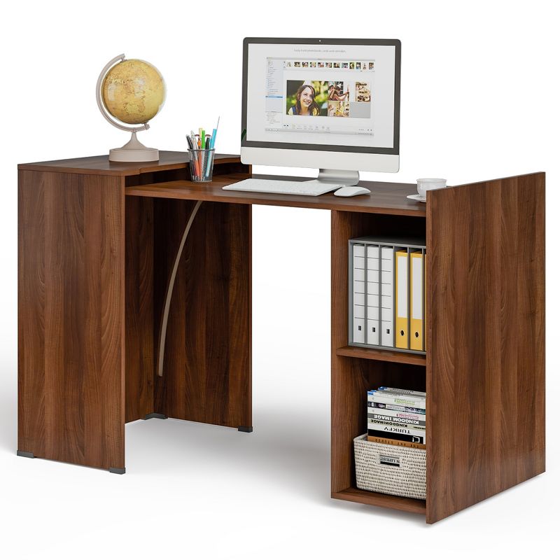 Costway Extendable Computer Desk Reversible Study Writing Desk w/ Mobile Shelves Natural/Brown, 1 of 11
