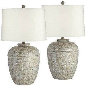 John Timberland Otero 27" Tall Jug Farmhouse Rustic Country Cottage Table Lamps Set of 2 Mottled Stone Finish Living Room Bedroom Bedside Cream Shade - 1 of 4