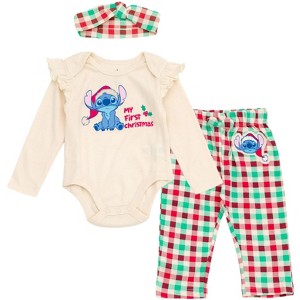 Disney Christmas Baby Girls Bodysuit, Pants and Headband 3 Piece Outfit Set Newborn to Infant - 1 of 4