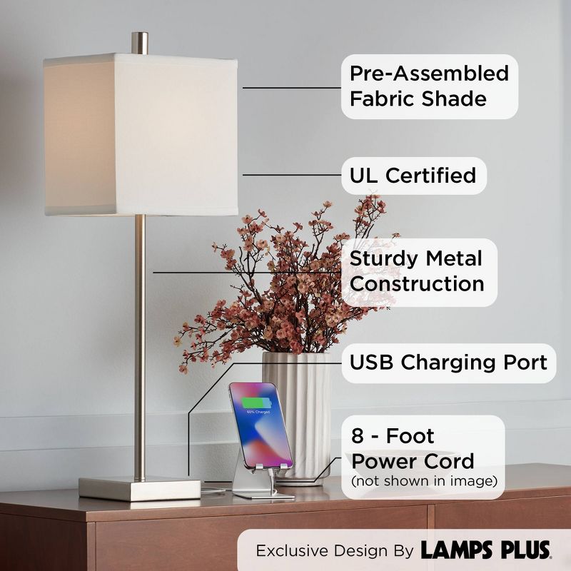 360 Lighting Franco Modern Table Lamps 26 1/2" High Set of 2 Brushed Nickel with USB Charging Ports White Square Shade for Bedroom Living Room Desk, 5 of 8