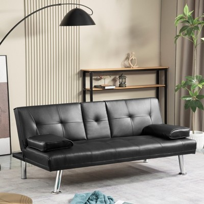 MYINDA Convertible Sofa Bed, 70'' Faux Leather Upholstered Loveseats with Removable Armrests,2 Cupholders, Black