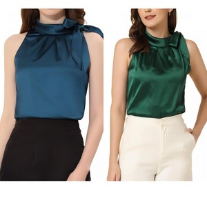 INSPIRE CHIC Women's Elegant Satin Sleeveless Bow Tie Mock Neck Solid Work Blouse 2 Packs - 1 of 4