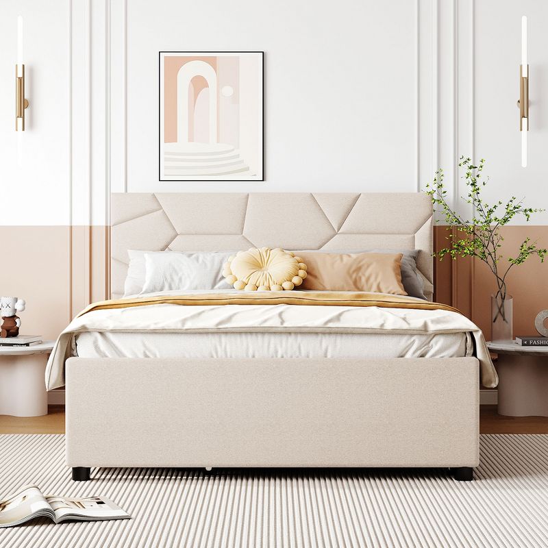 Upholstered Platform Bed with Brick Pattern Headboard, Trundle Bed and 2 drawers-ModernLuxe, 2 of 16