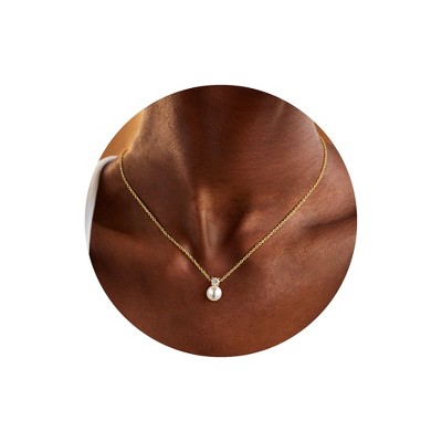 Turandoss Pearl Necklaces for Women - Dainty Gold Choker Pendant Pearl Necklace with Cubic Zirconia, Bridal Wedding Gifts, Bridesmaid Gifts, 16+2.5In