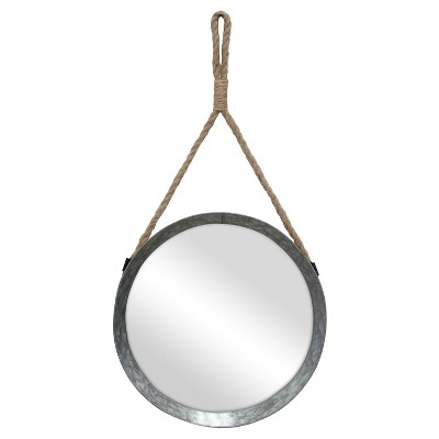 11.9" Suspended Round Galvanized Metal Wall Mirror with Rope Hanging Loop Brown/Silver - Stonebriar Collection