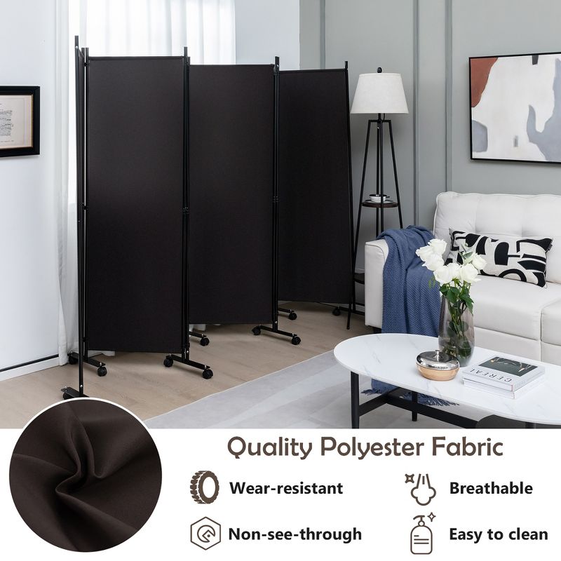 Costway 6-Panel Folding Room Divider 6FT Rolling Privacy Screen with Lockable Wheels Black/Brown/Grey/White, 5 of 11