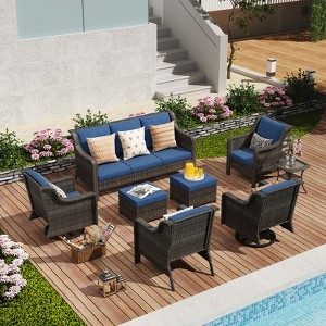 SUGOLD 8-Piece Hand Woven Wicker Patio Conversation Set with Blue Cushions - 1 of 1