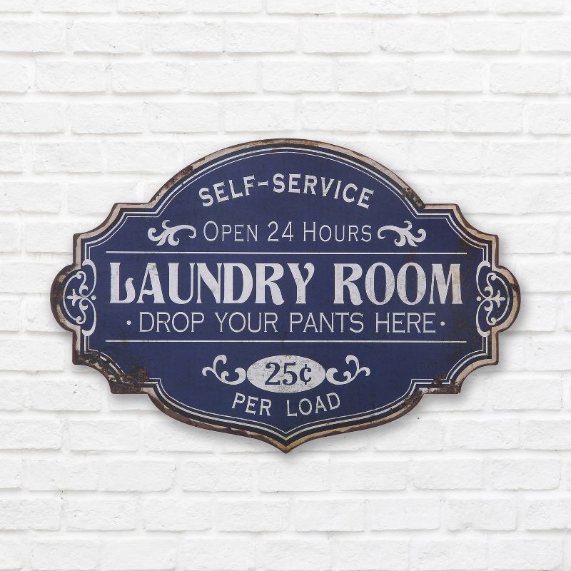 Vintage Metal Laundry Room Wall Sign with Distressed Finish Wall Decal Blue - Storied Home, 3 of 12