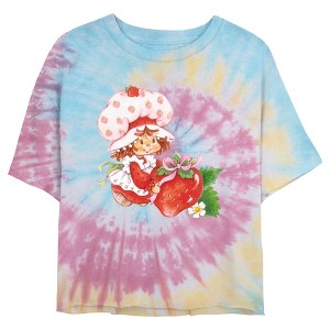 Juniors Womens Strawberry Shortcake Watercolor Berry Tie Dye Crop T Shirt - 1 of 4
