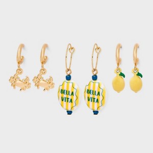 Lemon Crab and Bella Vita Charm Hoop Earring Set 3pc - Universal Thread™ Gold - 1 of 3