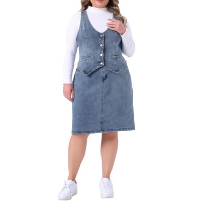 Women's Plus Size Two Piece Sets Retro Button-Up Jean Denim Vests and Elastic Waist Pencil Jeans Skirts - Agnes Orinda