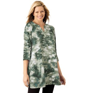 Woman Within Plus Size Three-Quarter Sleeve Notch-Neck Tunic - 1 of 4