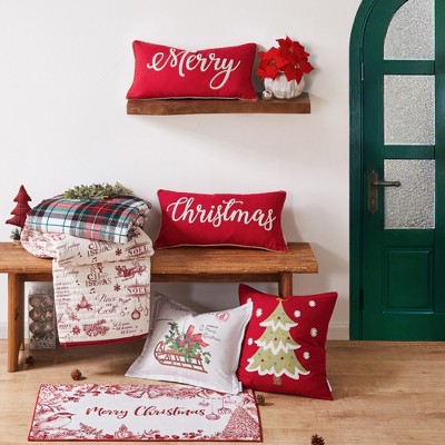 Yuletide Red and Cream Vintage Postcard Decorative Pillow