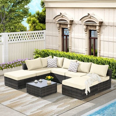 8 Pieces Outdoor Patio Sectional Sofa Couch Wicker Furniture Conversation Sets with Washable Cushions and Glass Coffee Table