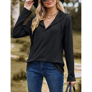 Women Casual Hoodie Long Sleeves Fashion Pullover Shirt Loose Fit V Neck Drawstring Tunic Winter Tops Comfy Shirts - 1 of 4
