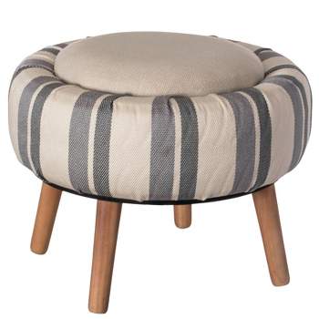 Fabulaxe Modern Striped Round Fabric Ottoman with Inner Storage, White and Blue