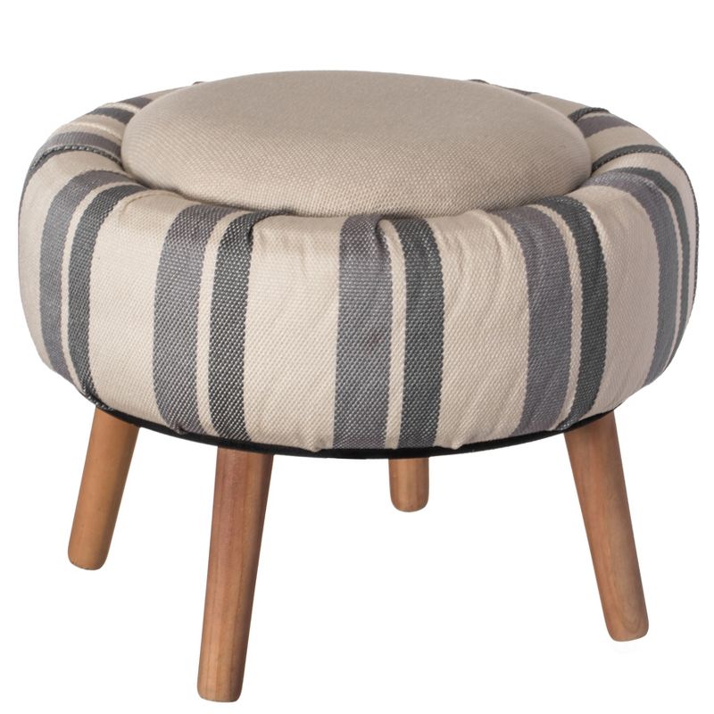 Fabulaxe Modern Striped Round Fabric Ottoman with Inner Storage, White and Blue, 1 of 8