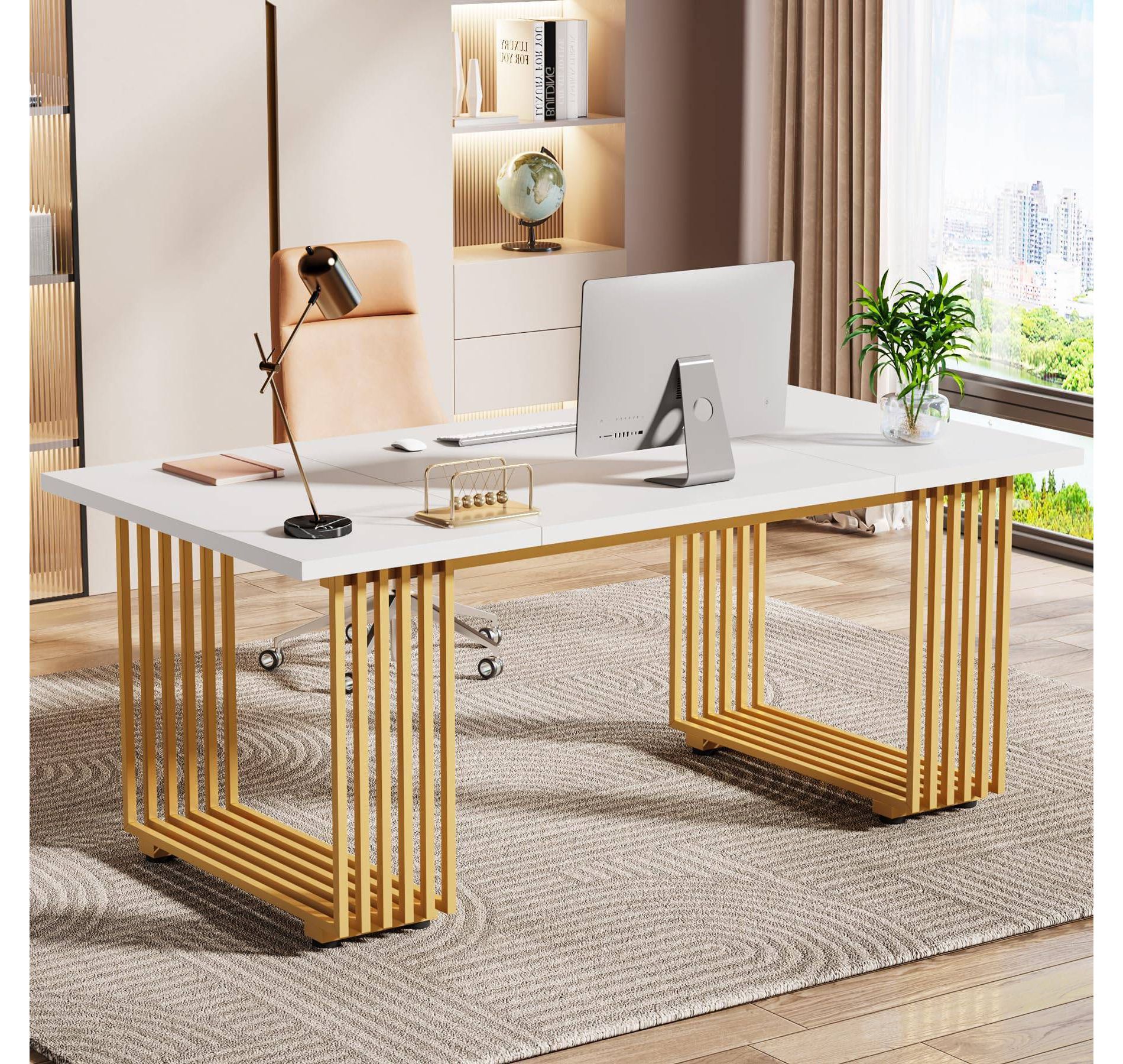 LITTLE TREE 70.9" Modern Executive Desk White/Gold