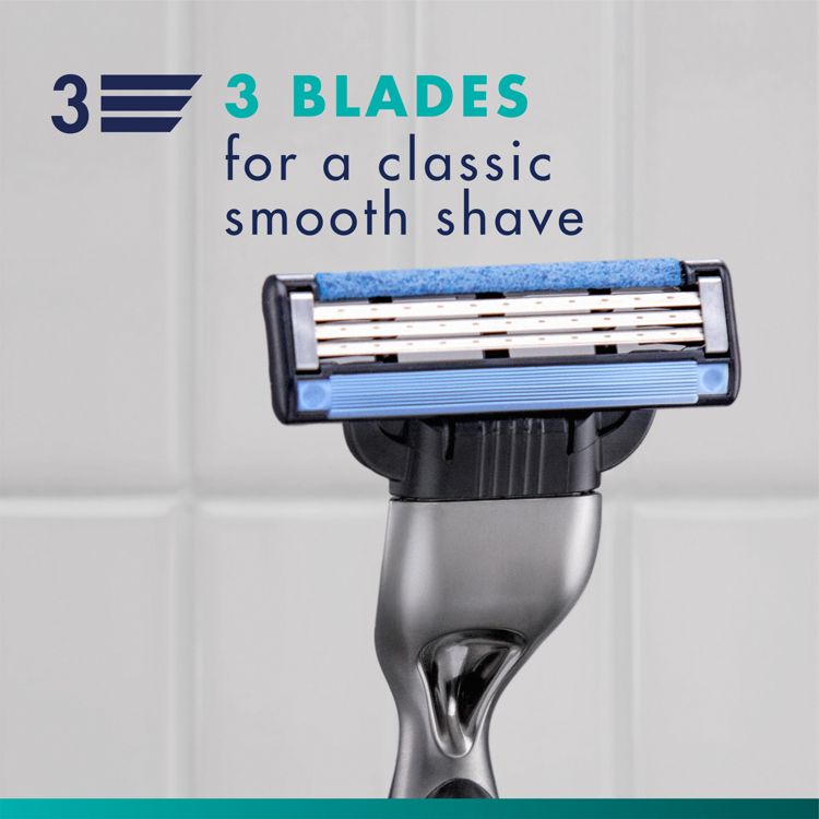 Razor head with three blades and a blue colored lubrication strip mounted on a silver colored handle, with text on the image reading "3 BLADES for a classic smooth shave".