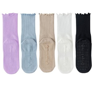 Anna-Kaci 5 Pairs Women's Anti-Slip Crew Yoga Socks Soft Cotton Grip Sole Seamless Toe Design for Pilates Indoor Workouts - 1 of 4