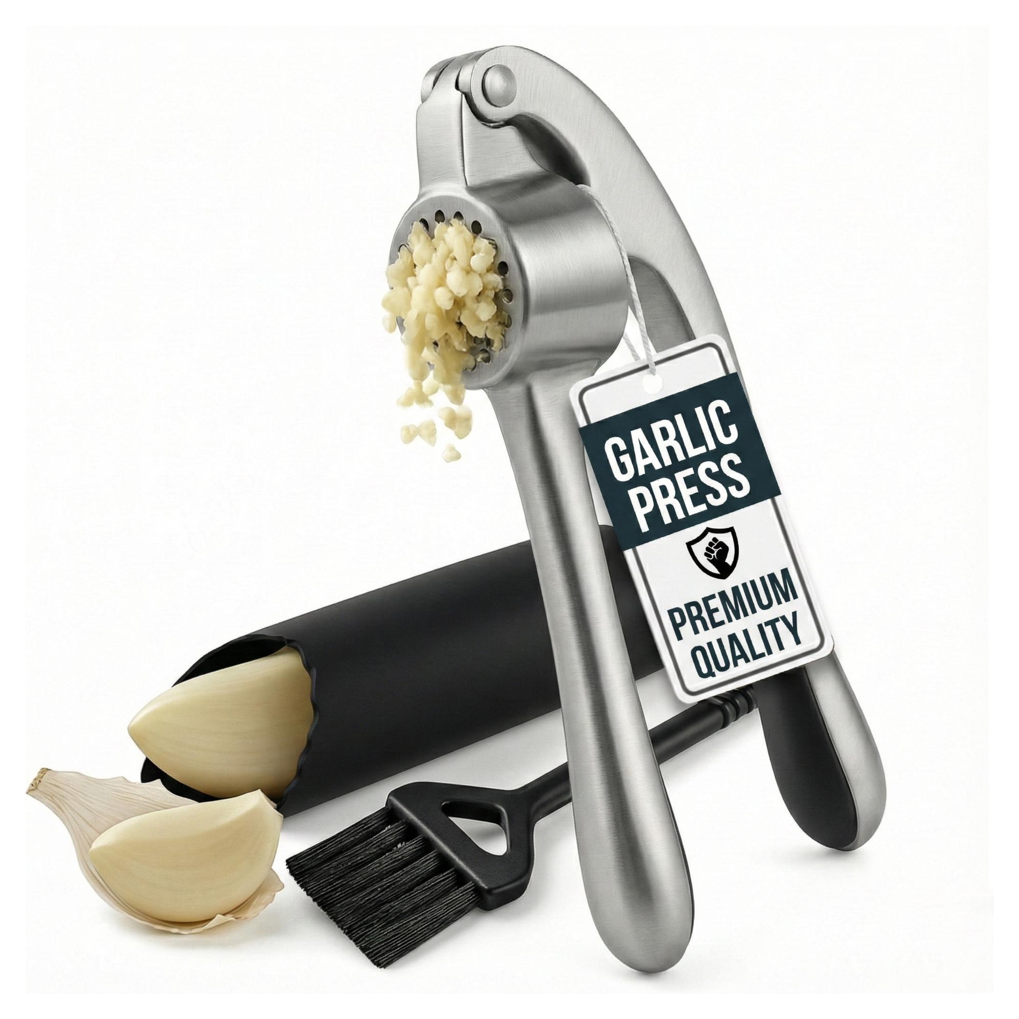 Garlic Press Set, Garlic Mincer with Silicone Peeler and Cleaning Brush, Easy Squeeze Ergonomic Handle, Rust Proof & Dishwasher Safe Garlic Crusher
