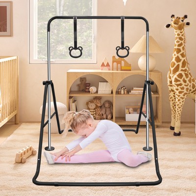 VisioGear Kids Gymnastic Bar, Multi-Functional Adjustable Height Children's Horizontal Gymnastic Bar With Bear Rings, Black, 39"*57"*51"