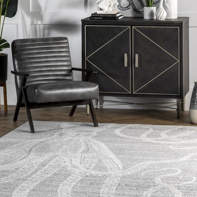 Gray and White Striped Octopus Synthetic Area Rug