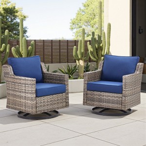 Buenhomino 3PC Patio Furniture Set - Swivel Rocker Chair Bistro Set with Rattan Side Table,Gray Wicker Blue Cushion - 1 of 4
