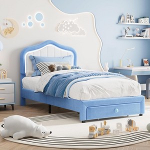 CuisinSmart Upholstered Twin Bed Frame with Storage Drawer, Velvet Bed Frame with Headboard for Girls, Boys, No Box Spring Needed, Noise Free - 1 of 4