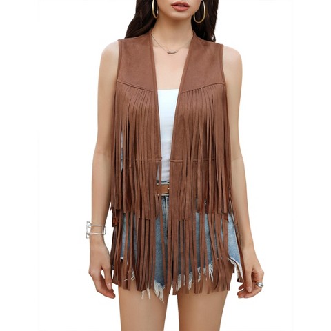 Женские жилеты YesFashion Womens Fringe Vest 70s Hippie Costume Sleeveless Cowgirl Western Faux Suede Tassel Leather Outerwear