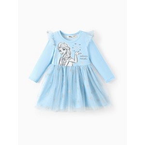 Disney Frozen Elsa Toddler Girl Dress Ruffle Tulle Long Sleeve Tutu Character Print Casual Cute Fall Outfit - 1 of 4