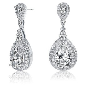 Guili Sterling Silver Drop Earrings with Clear Pear, Marquise, and Round Cubic Zirconia and a Double Halo, an Opulent and Graceful Addition - 1 of 3