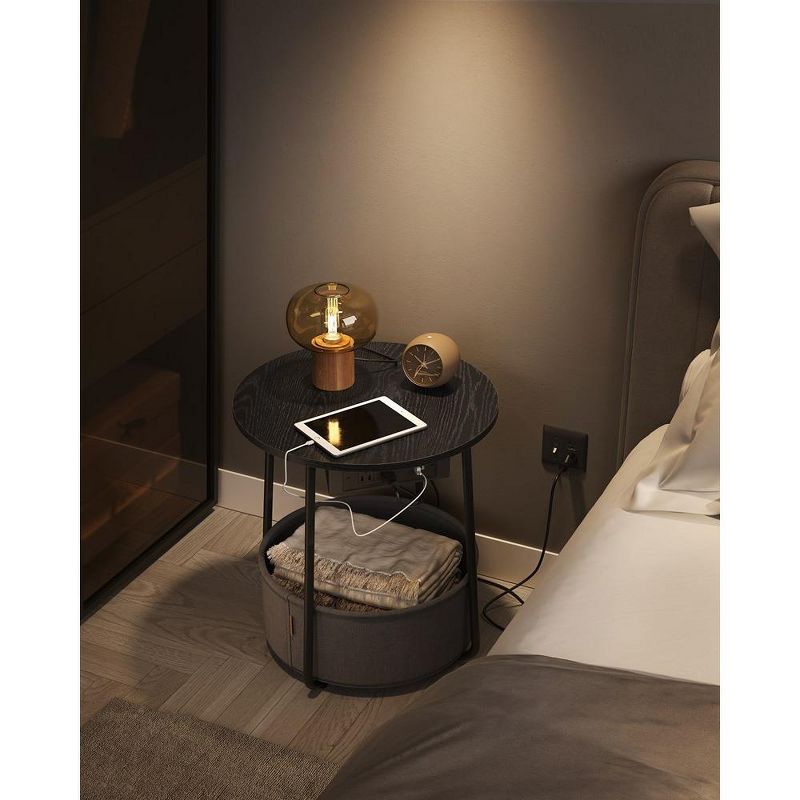 VASAGLE Side Table with Charging Station, Round End Table With Fabric Basket, Nightstand with Power Outlets USB Ports, 3 of 9