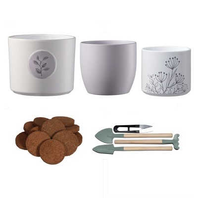Minimalist Indoor Garden Kit – 3 Modern Planters with Tools & Soil Pellets, 3.1", 3.9" & 5.1" Dia pots