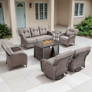 Belord Brown Wicker 7 Piece Patio Furniture Set with 5" Thick Cushions, Outdoor Fire Pit Table Set with Swivel Gliding Rocker Chairs and Club Chairs - 1 of 4