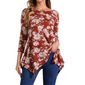 Seta T Women's Scoop Neck 3/4 Sleeve Asymmetrical Hem Floral Tunic Blouse Tops with Pockets - 1 of 4