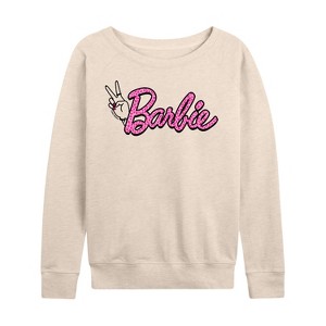 Women's - Barbie - Pink Leopard Print Logo Lightweight French Terry Wide Neck Long Sleeve Shirt - 1 of 4