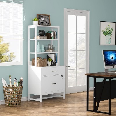 White Vertical 2 Drawer File Cabinet with Lock and Open Shelves
