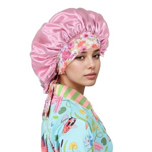 Anna-Kaci Women Silk Bonnet for Sleeping Satin Lined Hair Bonnet with Floral Tie Band for Curly Hair Protection - 1 of 4