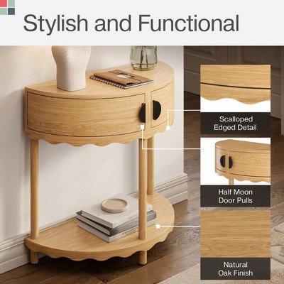 Natural Oak Half Moon Console Table with Storage
