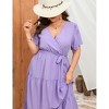 Coolmee Women Plus Size Casual Ruffle V Neck Short Sleeve High Waist Layered Maxi Dress With Belt - 3 of 4