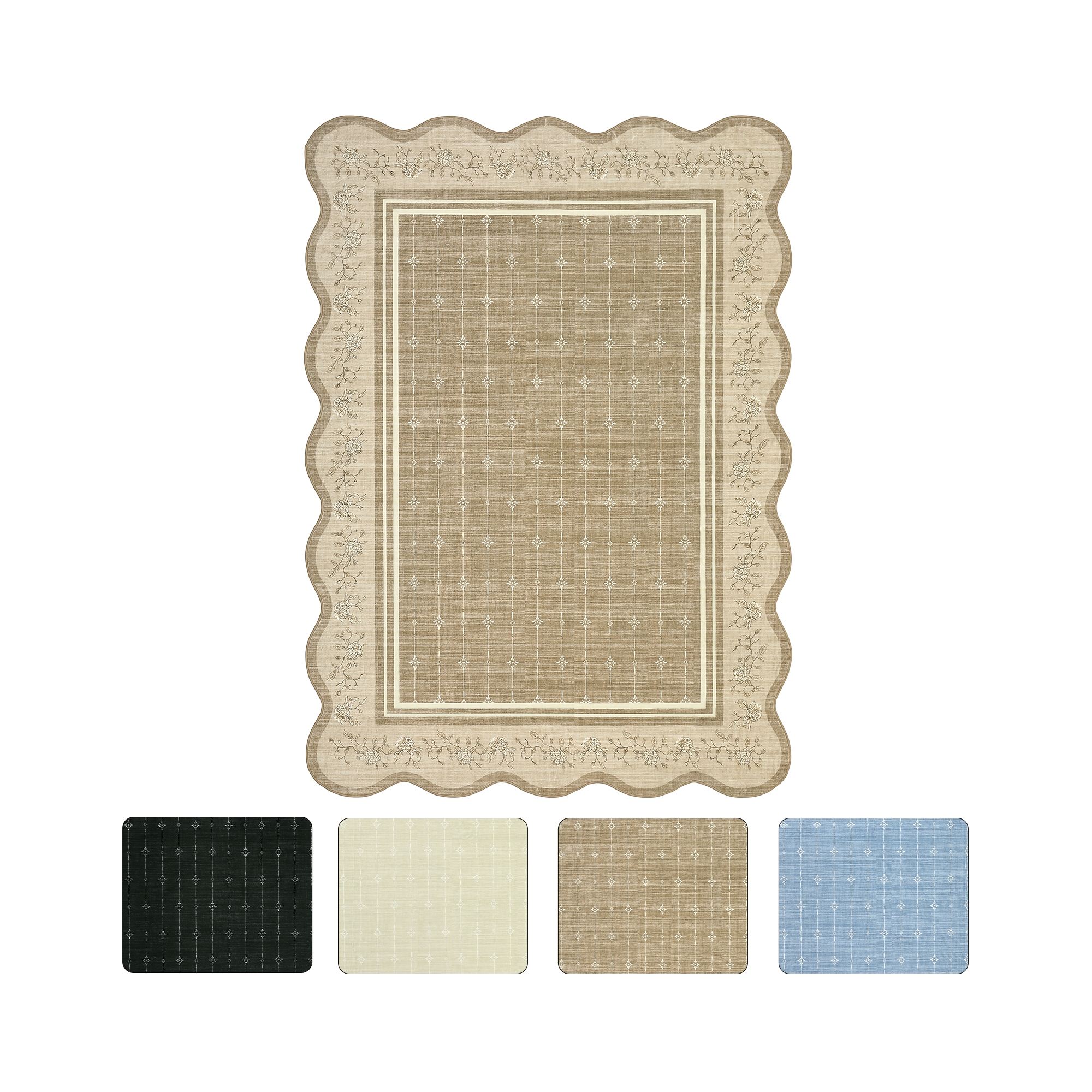 9'x12' Washable Scalloped Living Room Bedroom Rugs, Indoor Modern Non Slip Dining Room Rugs, Low Pile Floral Print Throw Carpet for Home Decor, Brown