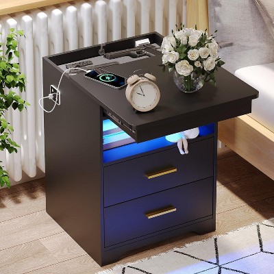 Fredees Night Stand with Drawer, Charging Bedside Table with USB & Type-C Port, LED Nightstand with Human Sensor Light.