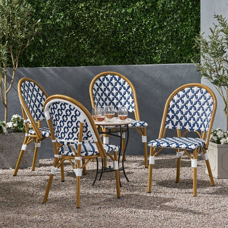 Louna 4pk Outdoor French Bistro Chairs with Bamboo Finish - Blue/White - Christopher Knight Home, 3 of 12