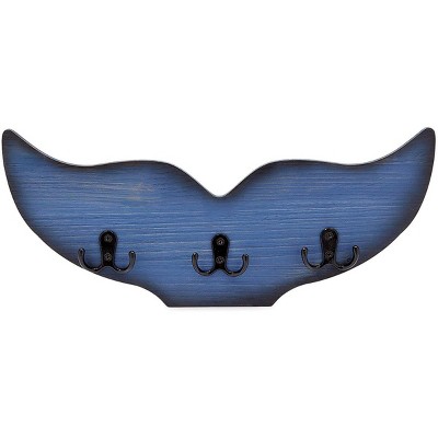 Okuna Outpost Whale Tail Wall Hook for Nursery, Coat Rack with 3 Hooks, Nautical Home Decor (15.5 x 6.75 x 1 in, Blue)