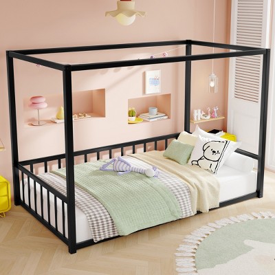 1Pc Floor Bed Frame, Black Metal Low Profile House-Style Design with Guardrails, Mosquito Net Ready - Baofuwish