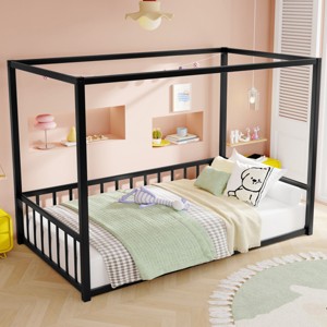 1Pc Floor Bed Frame, Black Metal Low Profile House-Style Design with Guardrails, Mosquito Net Ready - Baofuwish - 1 of 4