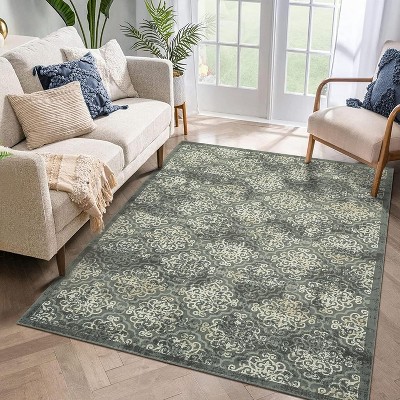 Machine Washable Area Rug, Soft Boho Neutral Geometric Carpet, Stain & Water Resistant Low Pile Faux Wool Rug for Living Room Bedroom Decor