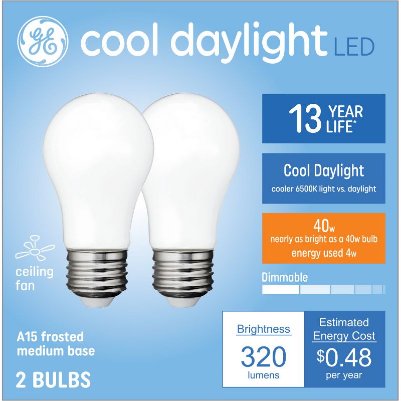 GE 2pk Cool Daylight 40W A15 Frosted LED Light Bulbs, 1 of 5