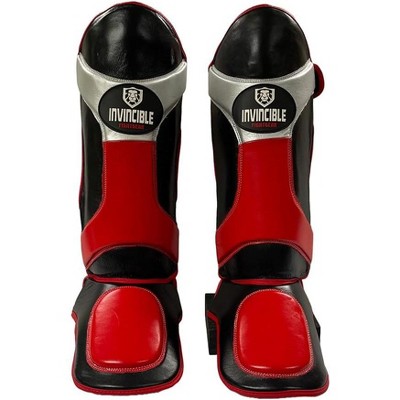 Invincible Shin & Instep: Premium Synthetic Leather Guards for Muay Thai, MMA, Martial Arts - Black/Red/Silver, Medium